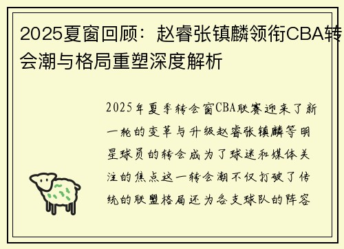 2025夏窗回顾：赵睿张镇麟领衔CBA转会潮与格局重塑深度解析